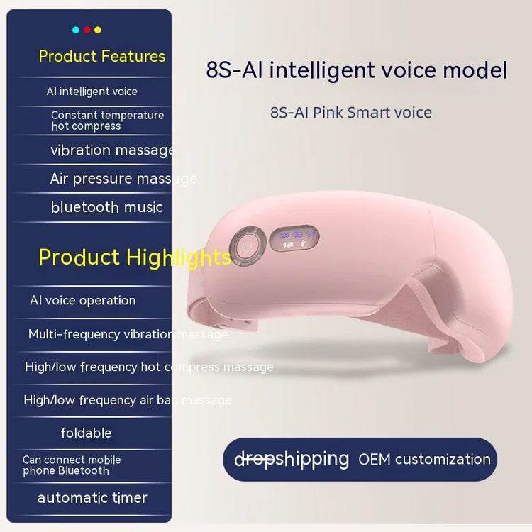 Pink smart eye massager with AI voice control, vibration, and air pressure massage features