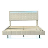 Modern white upholstered bed frame with tufted headboard and LED light strip