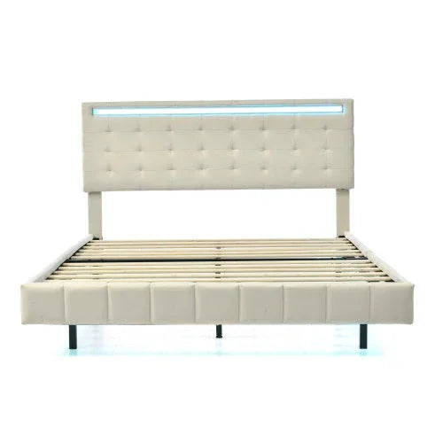 Modern white upholstered bed frame with tufted headboard and LED light strip