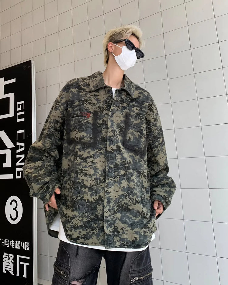 Oversized digital camo button-up shirt, cotton blend, relaxed fit, streetwear style