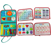 Colorful educational busy book with interactive activities, learning elements, and felt pieces