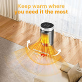 Black and silver portable electric heater with 90-degree oscillation on wooden floor in modern living room