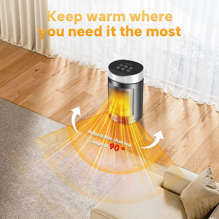 Black and silver portable electric heater with 90-degree oscillation on wooden floor in modern living room