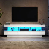 Modern white TV stand with blue LED lighting, glass shelves, and minimalist decor
