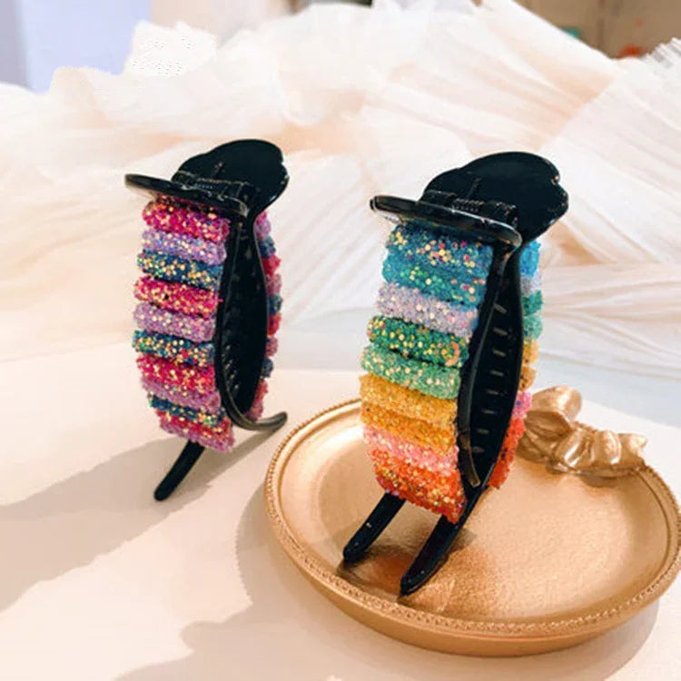 Colorful glittery resin hair clips with rainbow stripes, bold street style accessory