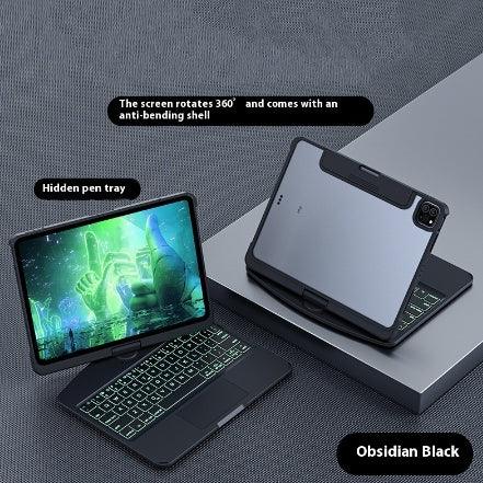 Obsidian black tablet case with detachable keyboard, 360-degree rotating screen, and hidden pen tray.