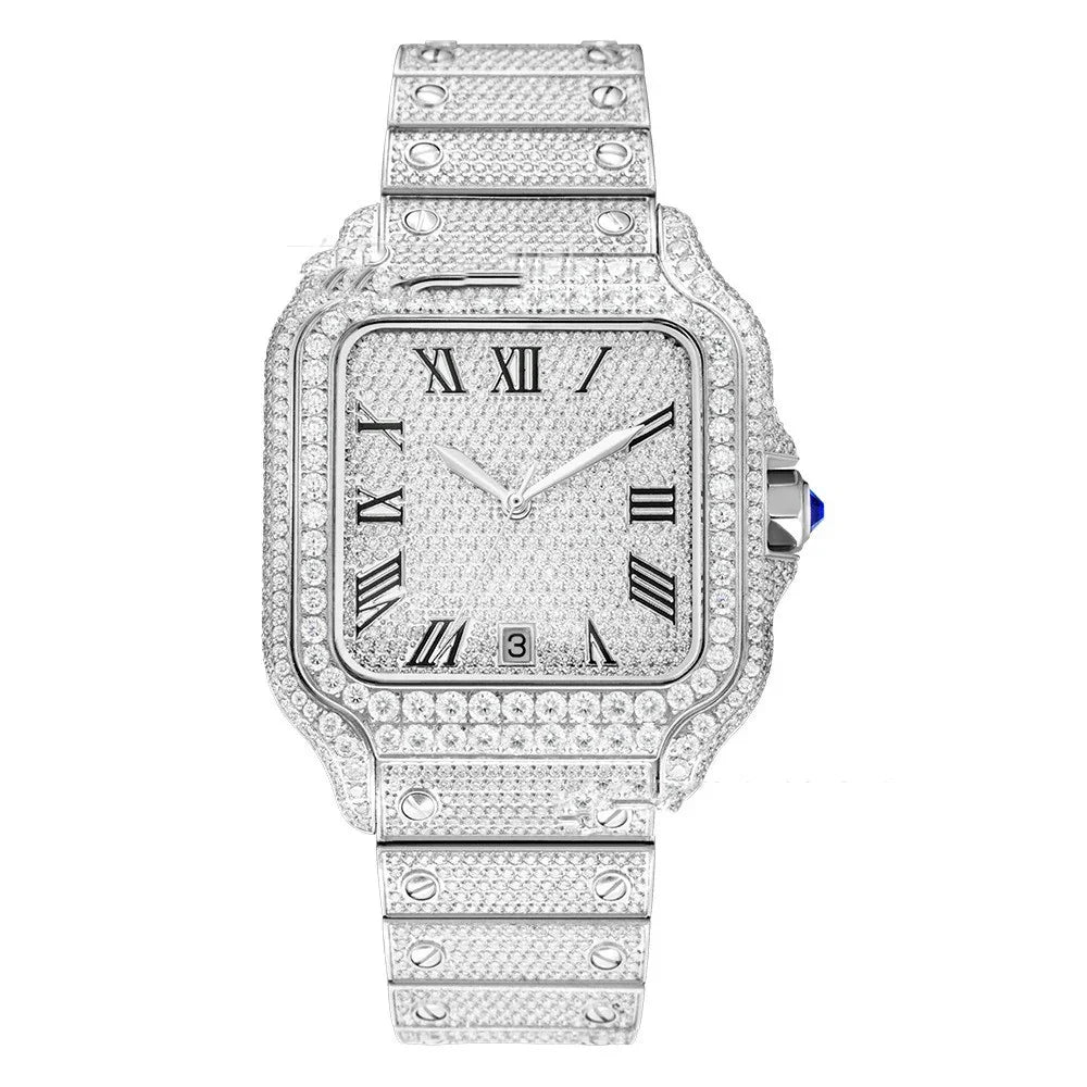 Luxury silver-tone square wristwatch with Roman numerals, fully covered in clear crystals.