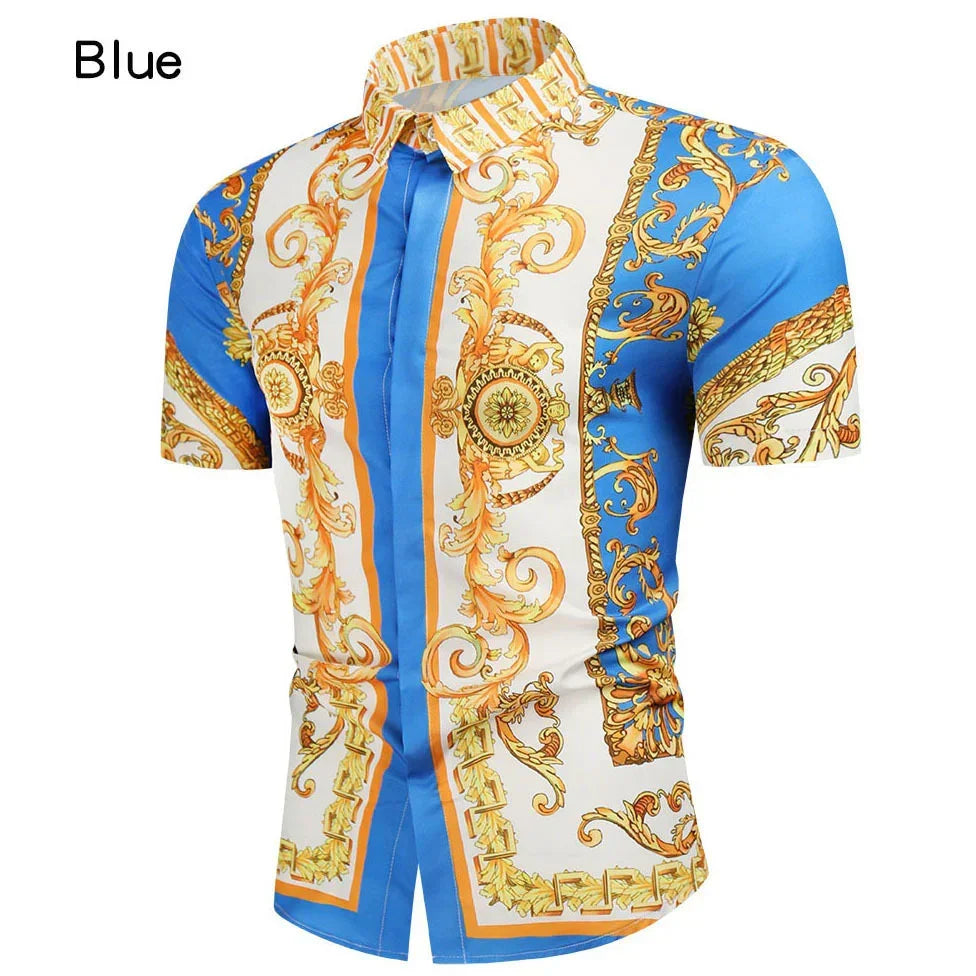 Men's short-sleeve button-up shirt, blue and gold baroque print, slim fit, lightweight fabric
