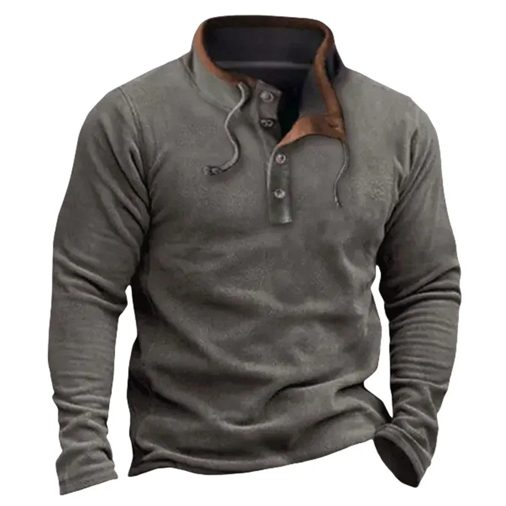 Men's long sleeve henley shirt in gray, soft fabric, slim fit, buttoned collar detail