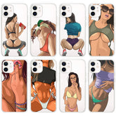 Clear phone cases featuring illustrations of women in colorful streetwear and swimwear, showcasing bold cuts and fitted styles.