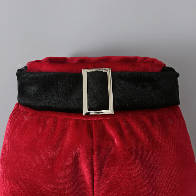 Red velvet clothing with black faux fur waistband and gold buckle detail