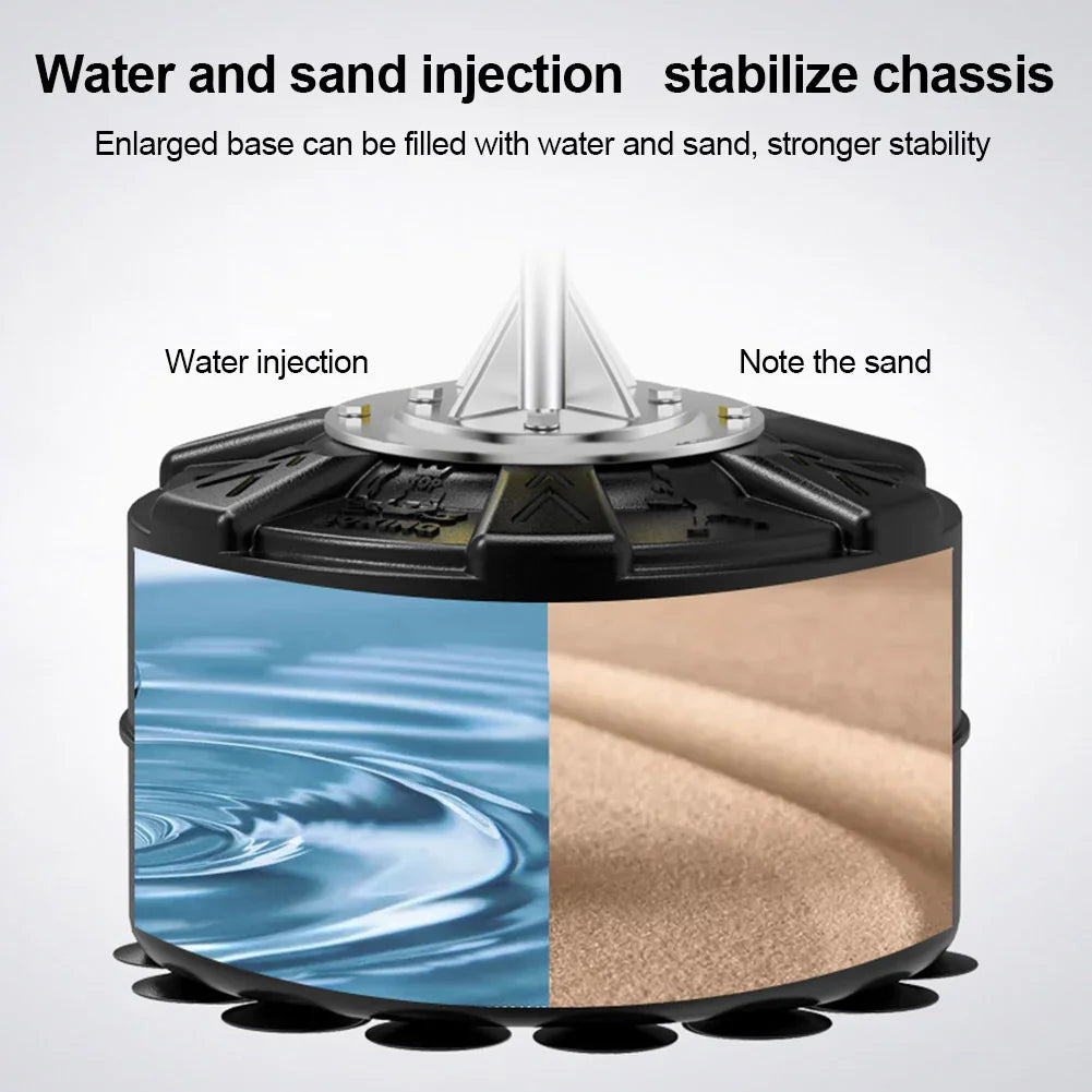 Sturdy black device base showing water and sand fill options for increased stability.