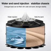Sturdy black device base showing water and sand fill options for increased stability.