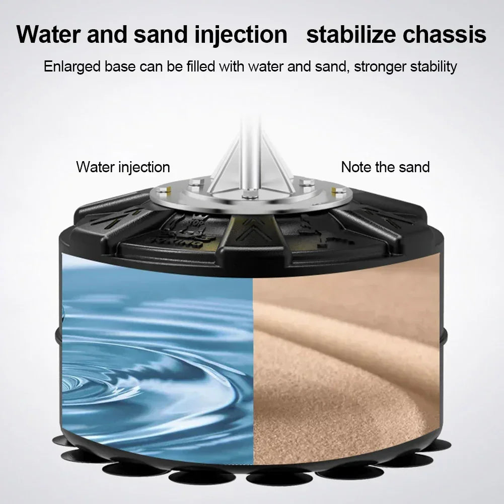 Sturdy black device base showing water and sand fill options for increased stability.