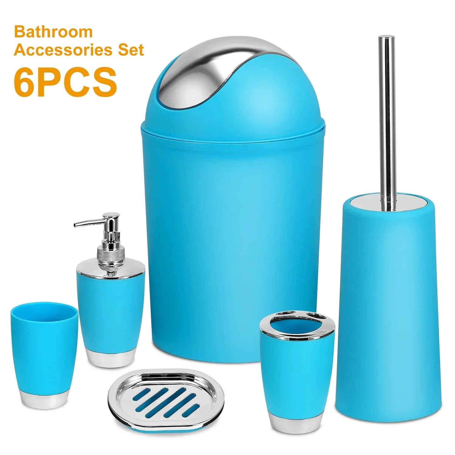 Modern blue bathroom accessories set of six, including trash bin, soap dispenser, toothbrush holder, tumbler, toilet brush, and soap dish with chrome accents.