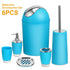 Modern blue bathroom accessories set of six, including trash bin, soap dispenser, toothbrush holder, tumbler, toilet brush, and soap dish with chrome accents.