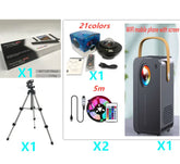 Set includes black projector with brown handle, tripod, LED light strips, star projector, and remote controls.