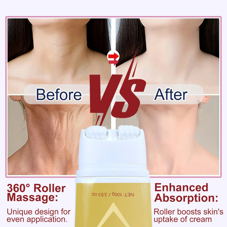 Before and after comparison of neck skin using roller massage cream applicator for smoother, firmer skin