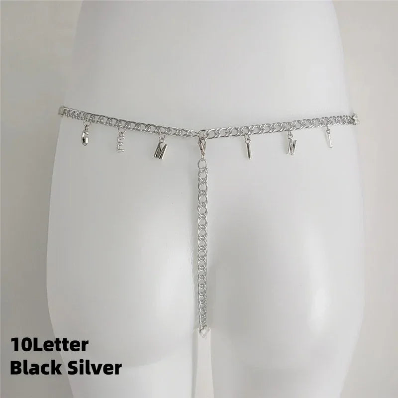 Silver metal waist chain with letter charms, minimalist streetwear accessory, slim fit.