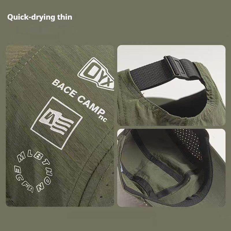 Olive green quick-dry nylon cap with adjustable strap and modern streetwear graphics