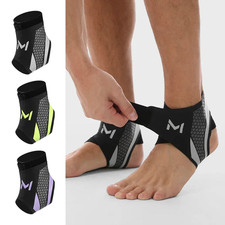 Black neoprene ankle support sleeves with hexagonal pattern, adjustable fit, in gray, yellow, and purple accents.