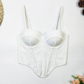 White structured corset top with underwire cups, thick straps, and fitted silhouette