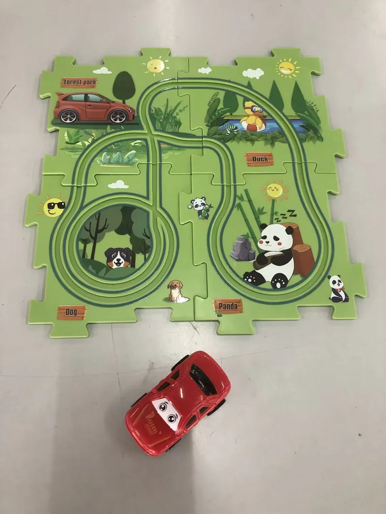 Green cartoon forest puzzle mat with animal illustrations and a red toy car on floor