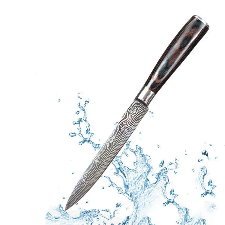 Damascus steel kitchen knife with dark wood handle and water splash background
