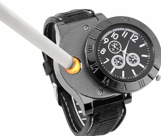 Black chronograph watch with leather strap and built-in cigarette lighter