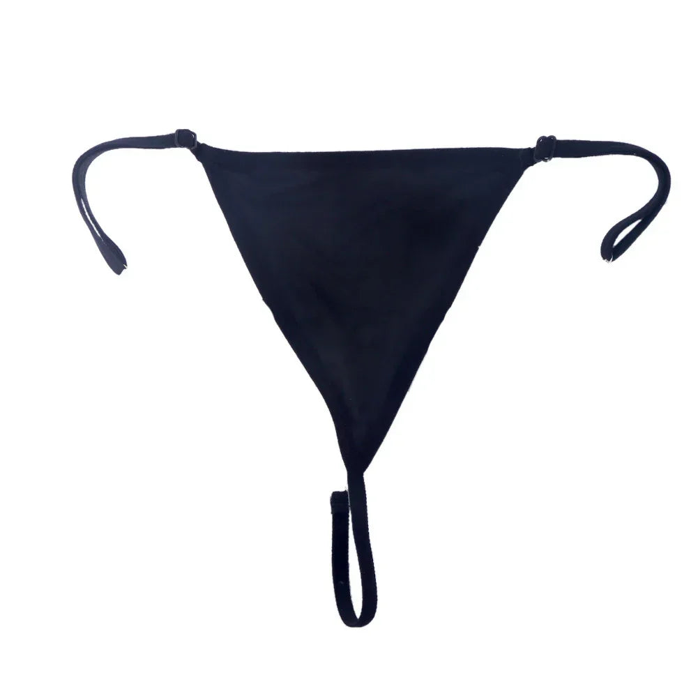 Black minimalist triangle thong with adjustable side straps, sleek stretch fabric.