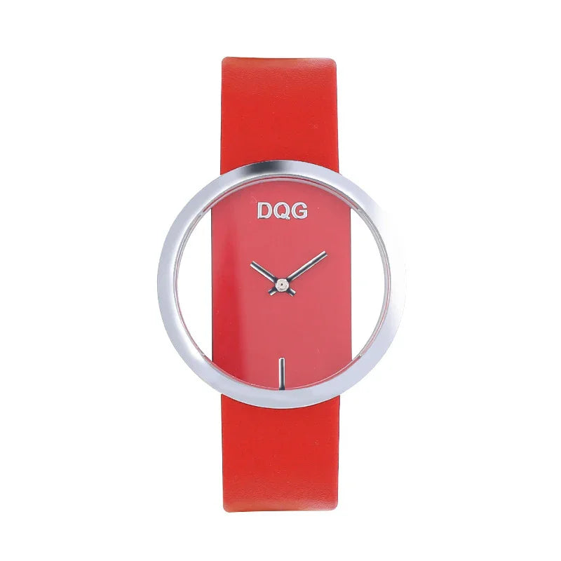 Minimalist red leather strap watch with silver rim and open dial design