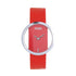 Minimalist red leather strap watch with silver rim and open dial design