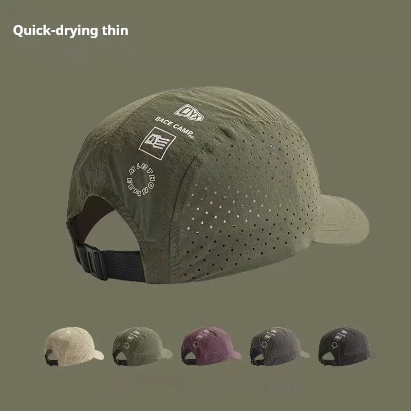 Quick-drying, perforated baseball cap with adjustable strap, shown in multiple colors.