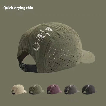 Quick-drying, perforated baseball cap with adjustable strap, shown in multiple colors.