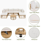 Beige rattan sectional sofa set with white fluffy cushions, round table, waterproof fabric, hidden zippers, and adjustable feet.