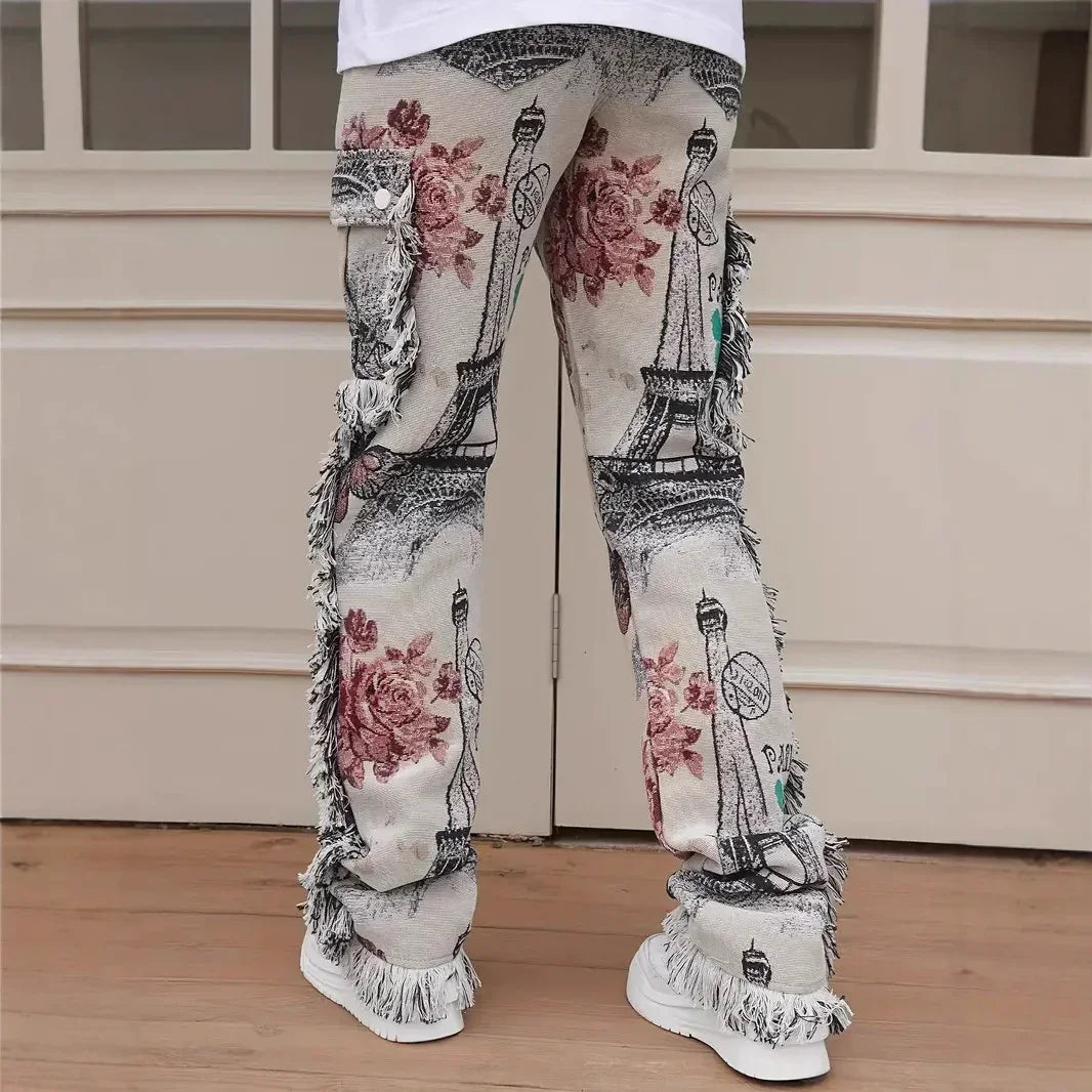 Men’s straight fit pants with fringe edges, Paris Eiffel Tower and rose print, beige cotton blend.