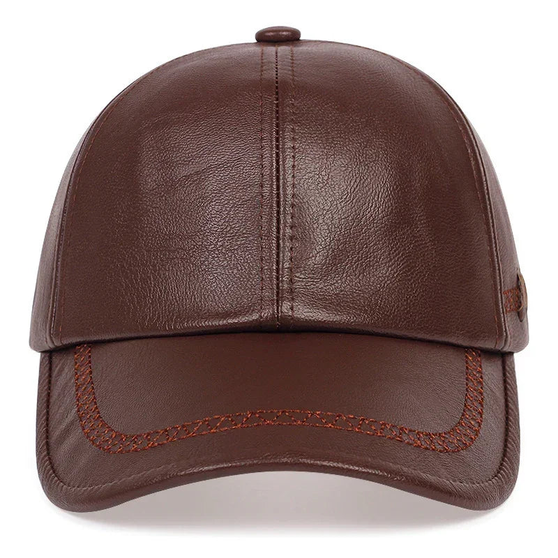 Brown faux leather baseball cap with structured fit and visible stitching detail