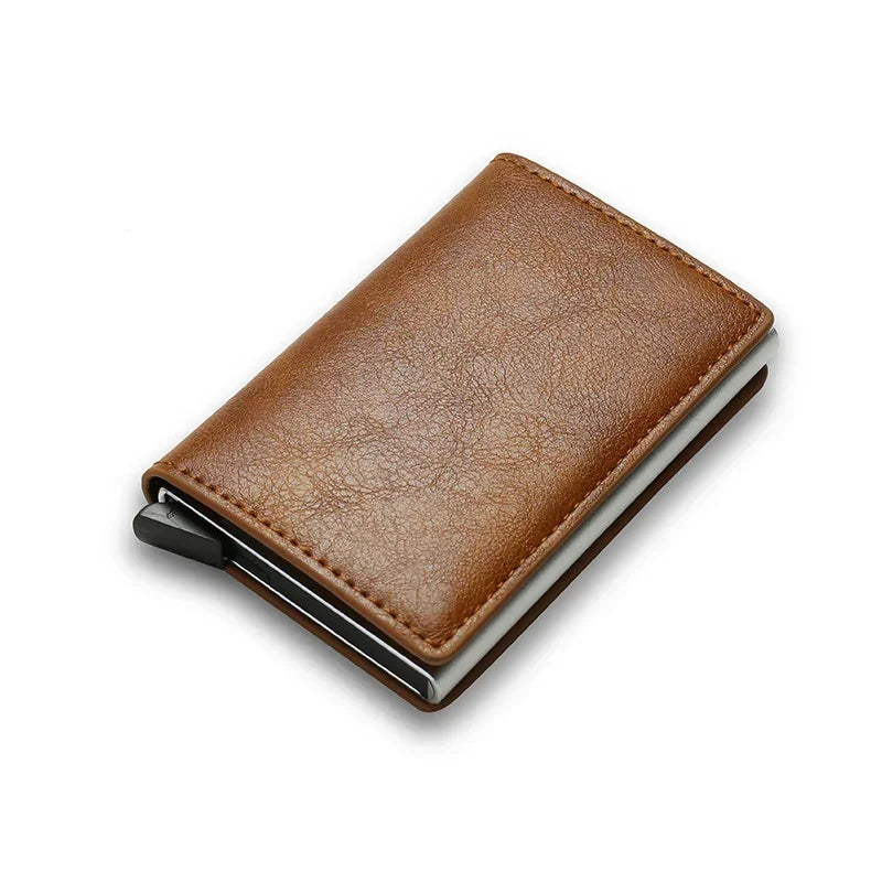 Slim brown leather card holder wallet with minimalist design on white background