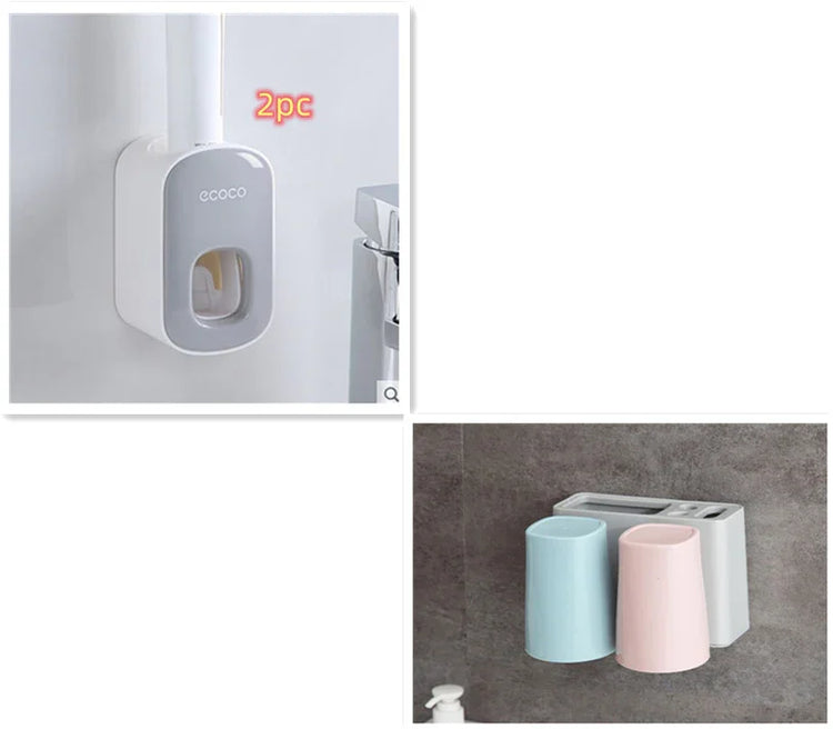 Wall-mounted toothbrush holder with two pastel-colored cups and plastic compartment.