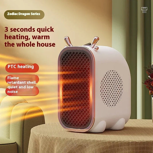 Compact white PTC ceramic space heater with honeycomb grille, modern design, tabletop setting