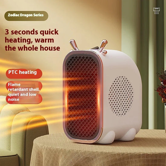 Compact white PTC ceramic space heater with honeycomb grille, modern design, tabletop setting