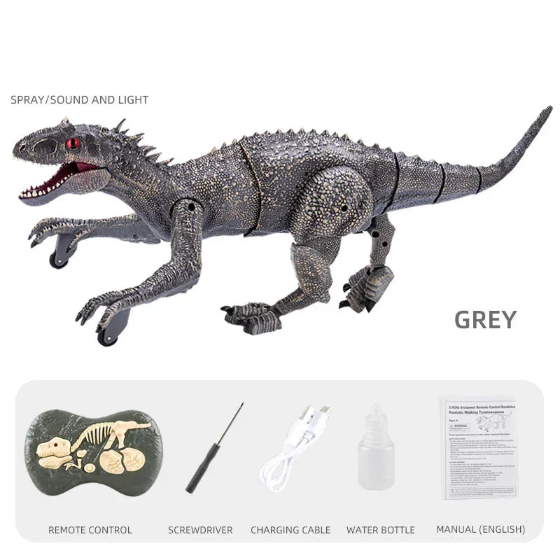 Grey remote control dinosaur toy with textured finish, spray feature, and accessories included.