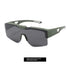 Futuristic matte green sunglasses with oversized black-gray lenses and angular frame design