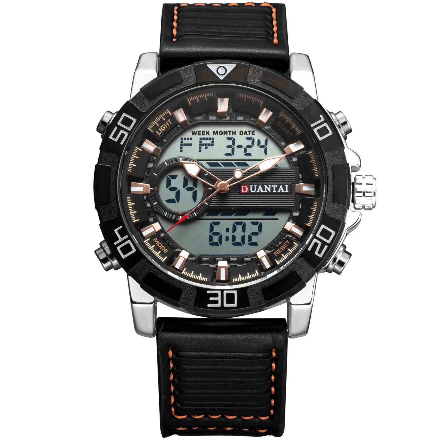 Black leather strap digital analog watch with large round face and contrast stitching