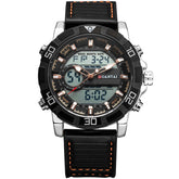 Black leather strap digital analog watch with large round face and contrast stitching