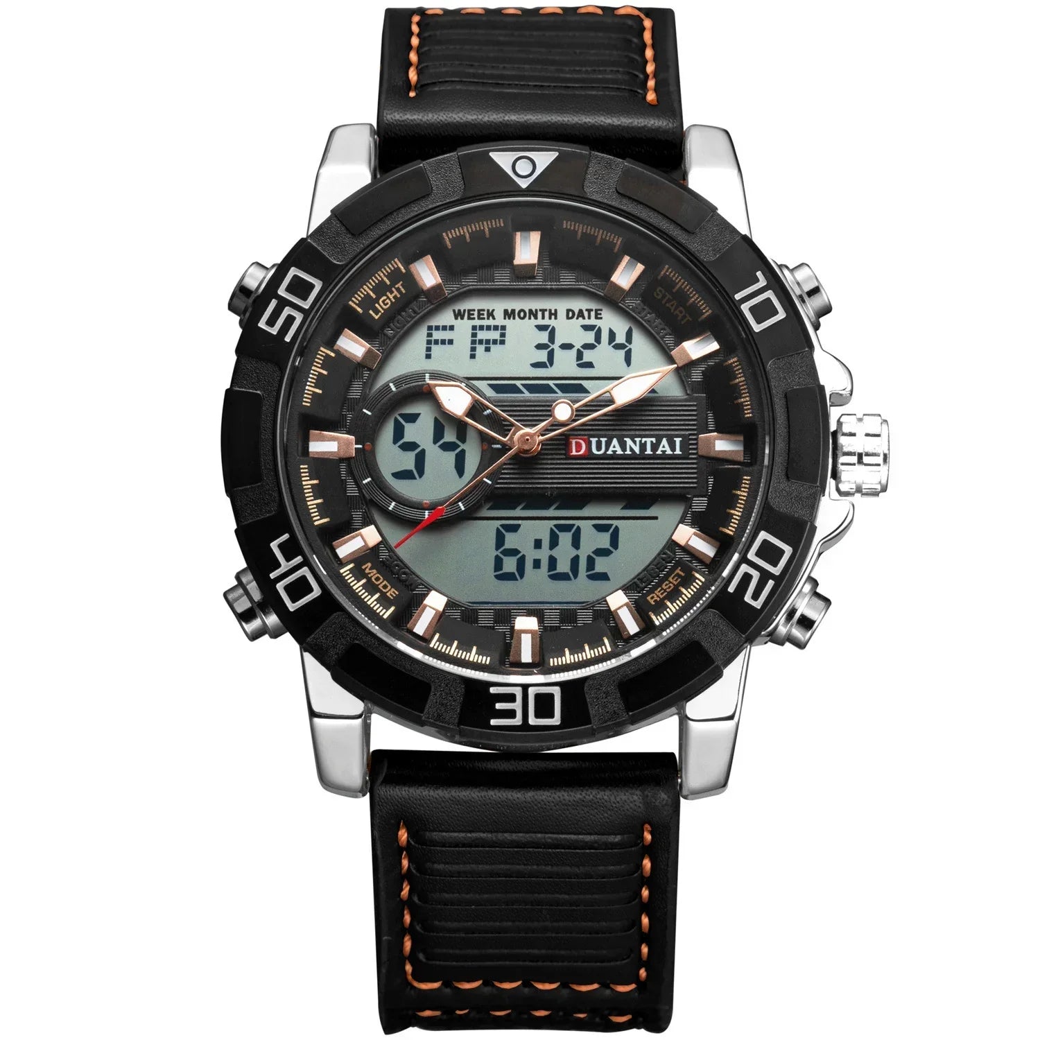 Black leather strap digital analog watch with large round face and contrast stitching