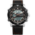 Black leather strap digital analog watch with large round face and contrast stitching