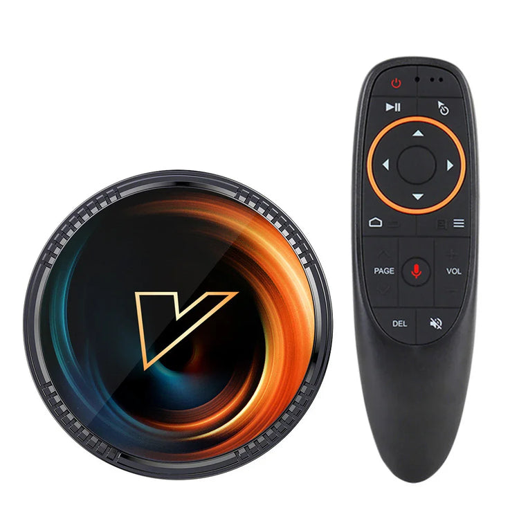 Black round tech device with multicolored swirl design and matching wireless remote control