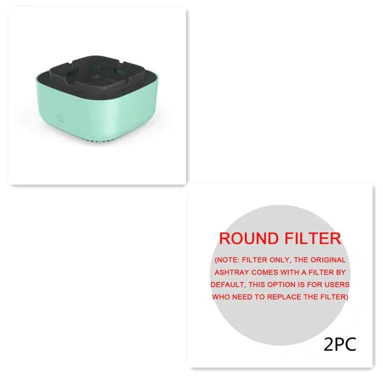 Square mint green plastic ashtray with black lid, modern tabletop smoking accessory.