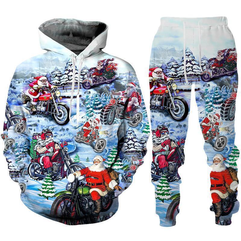 Fleece-lined hoodie and joggers with colorful Santa Claus motorcycle print, winter scene, relaxed fit.